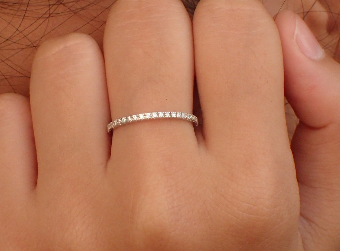 1.5mm Platinum Band, Micro Pave Full Eternity Ring, Diamond Wedding Band, Thin Dainty Band, Stackable Platinum Ring