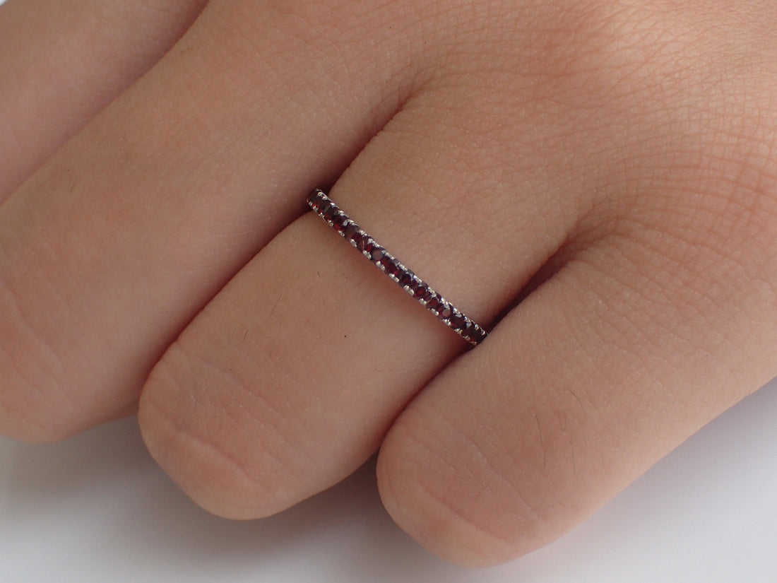 Garnet Eternity Band, Solid Gold Garnet Wedding Band, Full Eternity Band, 1.3mm Garnet Dainty Band, January Birthstone