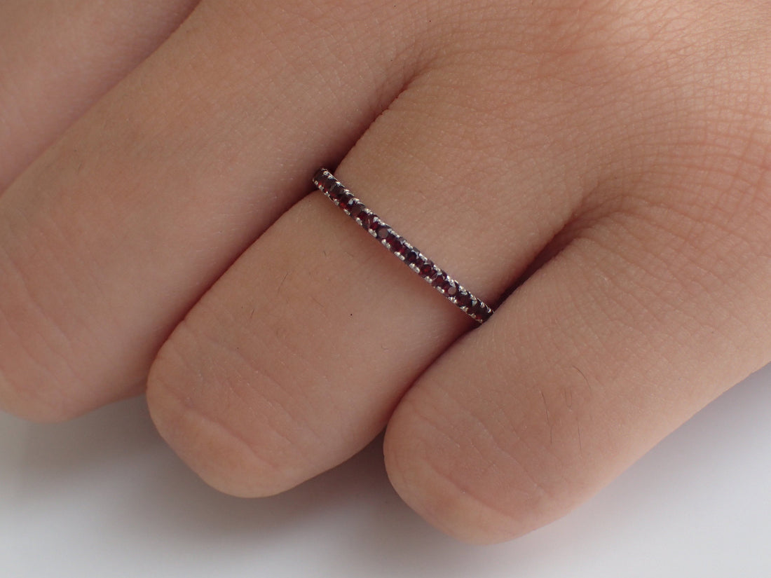 Garnet Eternity Band, Solid Gold Garnet Wedding Band, Full Eternity Band, 1.3mm Garnet Dainty Band, January Birthstone