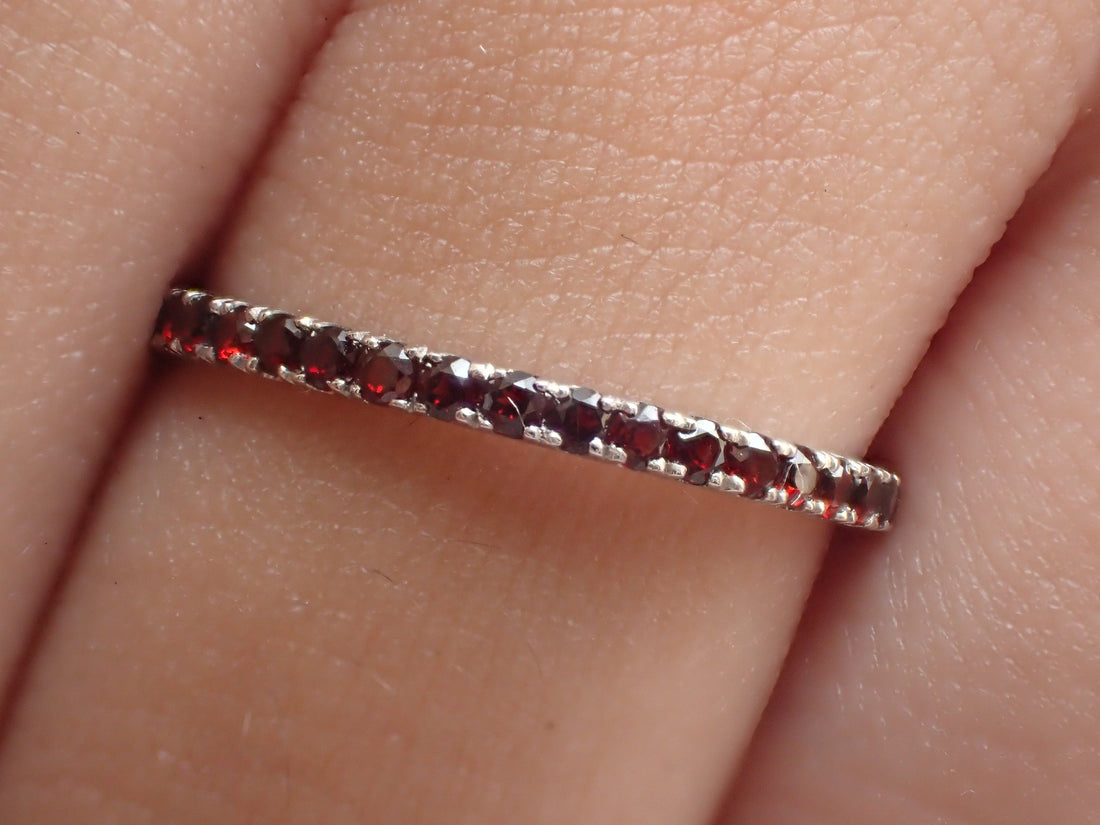 Garnet Eternity Band, Solid Gold Garnet Wedding Band, Full Eternity Band, 1.3mm Garnet Dainty Band, January Birthstone