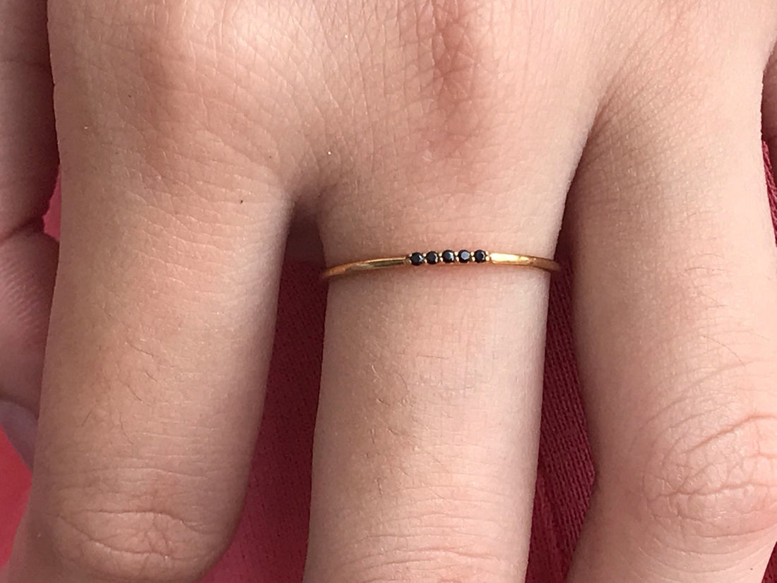 5 Stones Black Diamonds Ring, 1mm 14K Solid Gold Stacking Ring, Thin Dainty Ring, Delicate Five Diamonds Band