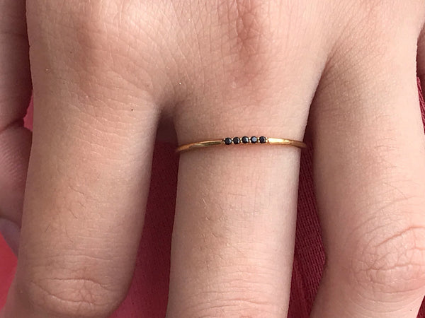 5 Stones Black Diamonds Ring, 1mm 14K Solid Gold Stacking Ring, Thin Dainty Ring, Delicate Five Diamonds Band