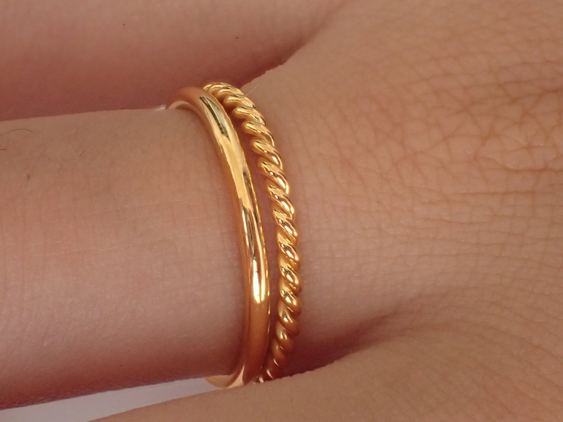 Twist Infinity Rings Set of 2, 14k Solid Gold Rope Rings, Thin Dainty Band, Simple Stacking Band, Delicate Twisted Band