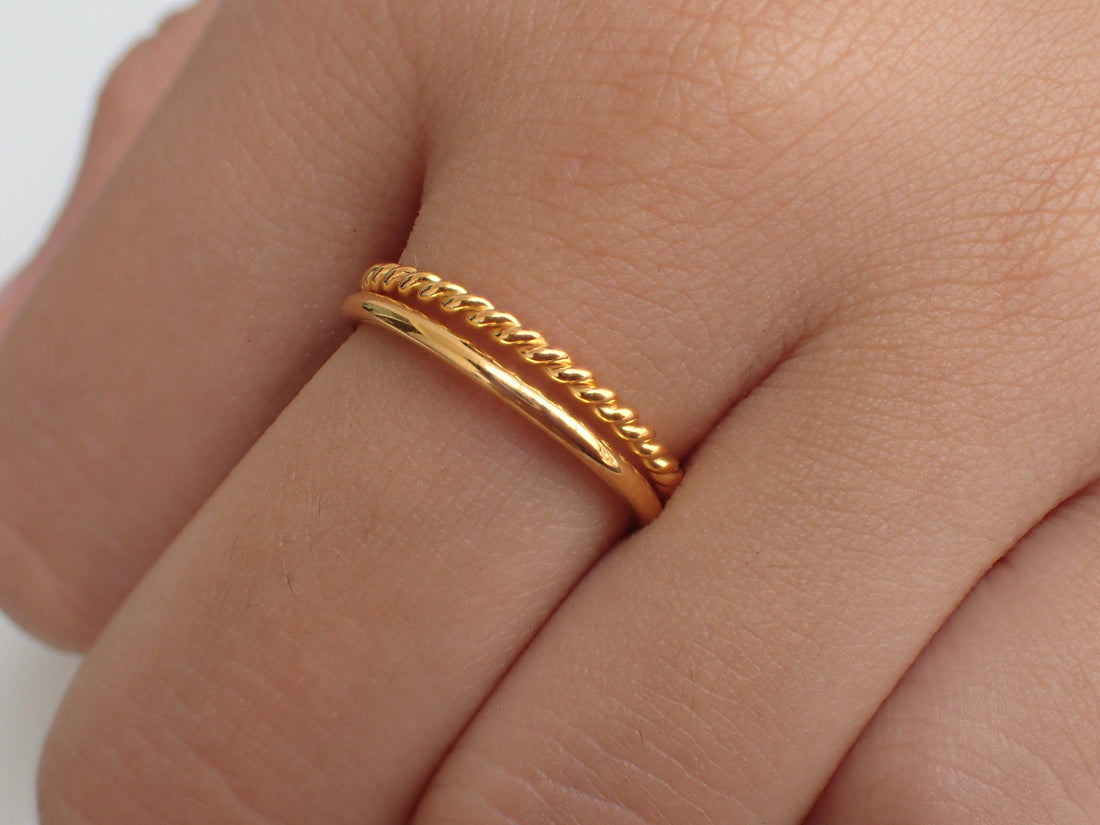 Twist Infinity Rings Set of 2, 14k Solid Gold Rope Rings, Thin Dainty Band, Simple Stacking Band, Delicate Twisted Band