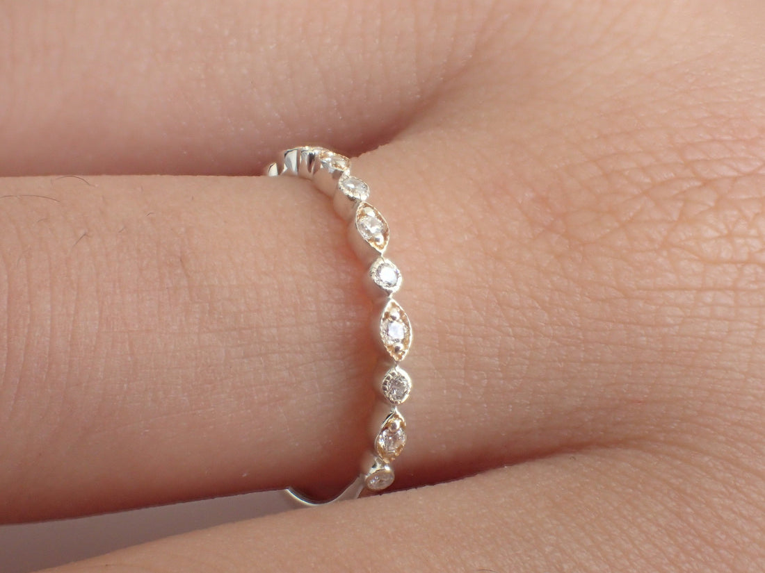 Art Deco Marquise Wedding Band, Matching Diamond Band, 14k Solid Gold Half Eternity Ring, Art Deco Stackable Band