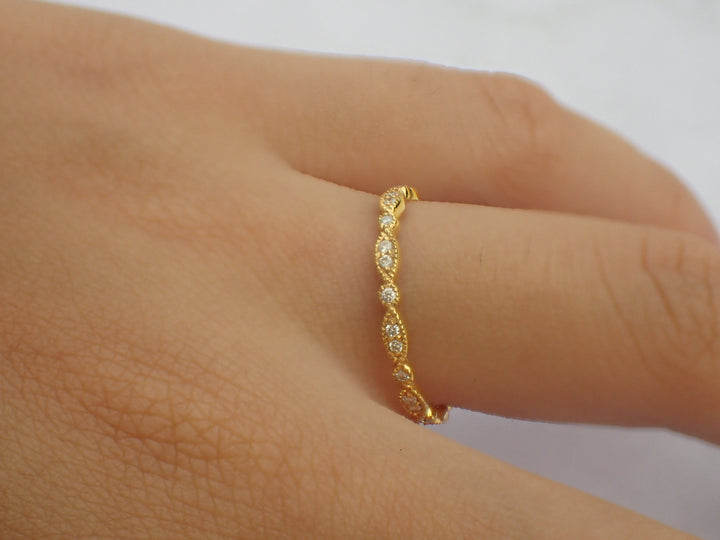 Art Deco Marquise Dot Diamond Band, Full Eternity Art Deco Unique Diamond Band, Solid Gold Bridal Art Deco Band