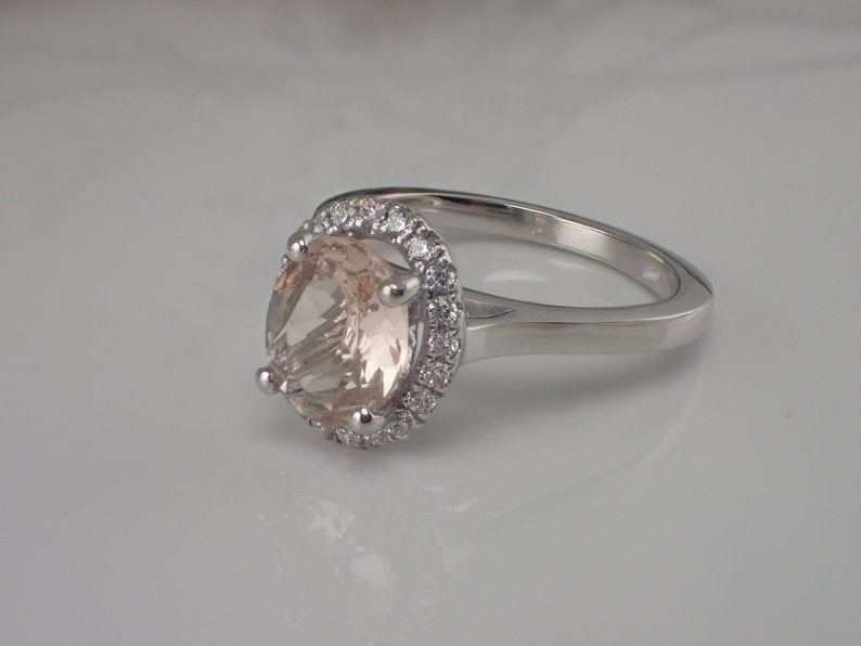 9x7mm Oval Morganite Engagement Ring, Diamond Halo Solitaire Engagement Ring, 14k Solid Gold Anniversary Ring