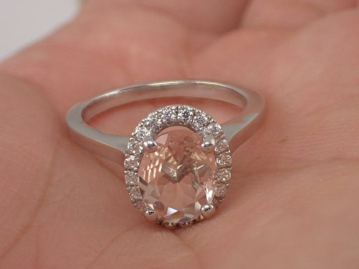 9x7mm Oval Morganite Engagement Ring, Diamond Halo Solitaire Engagement Ring, 14k Solid Gold Anniversary Ring