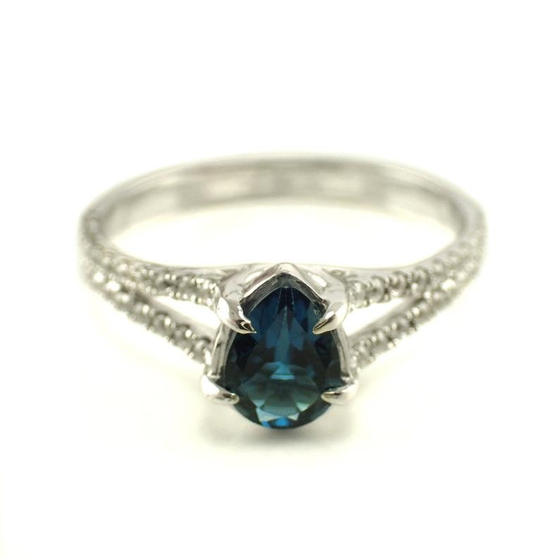 7x5mm Blue Topaz Split Shank Engagement Ring, VS E-F Diamonds with 0.75ct Pear Cut Wedding Ring in 14k Solid Gold