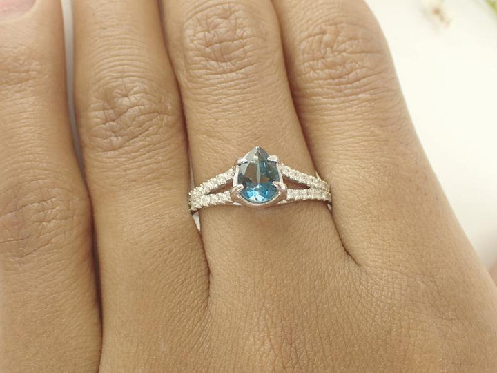 7x5mm Blue Topaz Split Shank Engagement Ring, VS E-F Diamonds with 0.75ct Pear Cut Wedding Ring in 14k Solid Gold