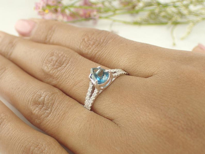 7x5mm Blue Topaz Split Shank Engagement Ring, VS E-F Diamonds with 0.75ct Pear Cut Wedding Ring in 14k Solid Gold