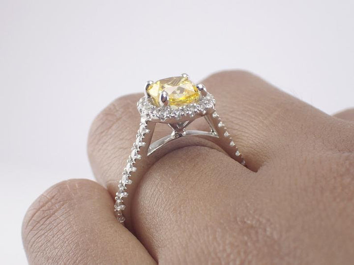 Cushion Cut 6x6mm Yellow Sapphire Diamonds Halo Engagement Ring, 14k Solid Gold Anniversary ring, Natural Sapphire ring