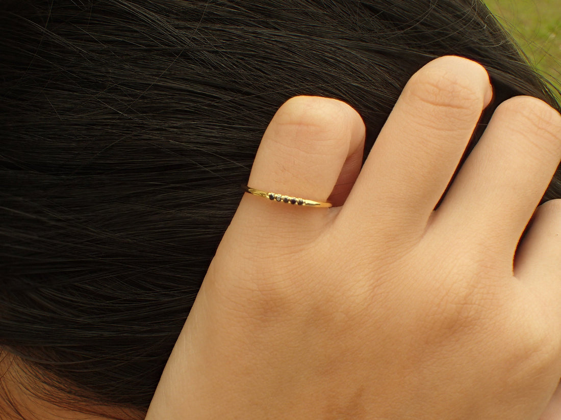 5 Stones Black Diamond Band, Dainty Stackable Ring, Five Stones Ring, Dainty Thin Band, Ready to Ship - Fast Shipping