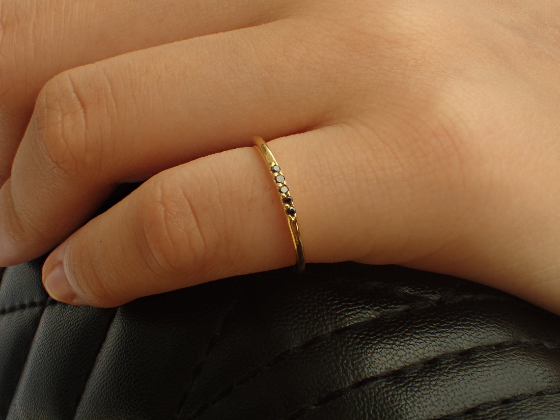 5 Stones Black Diamond Band, Dainty Stackable Ring, Five Stones Ring, Dainty Thin Band, Ready to Ship - Fast Shipping