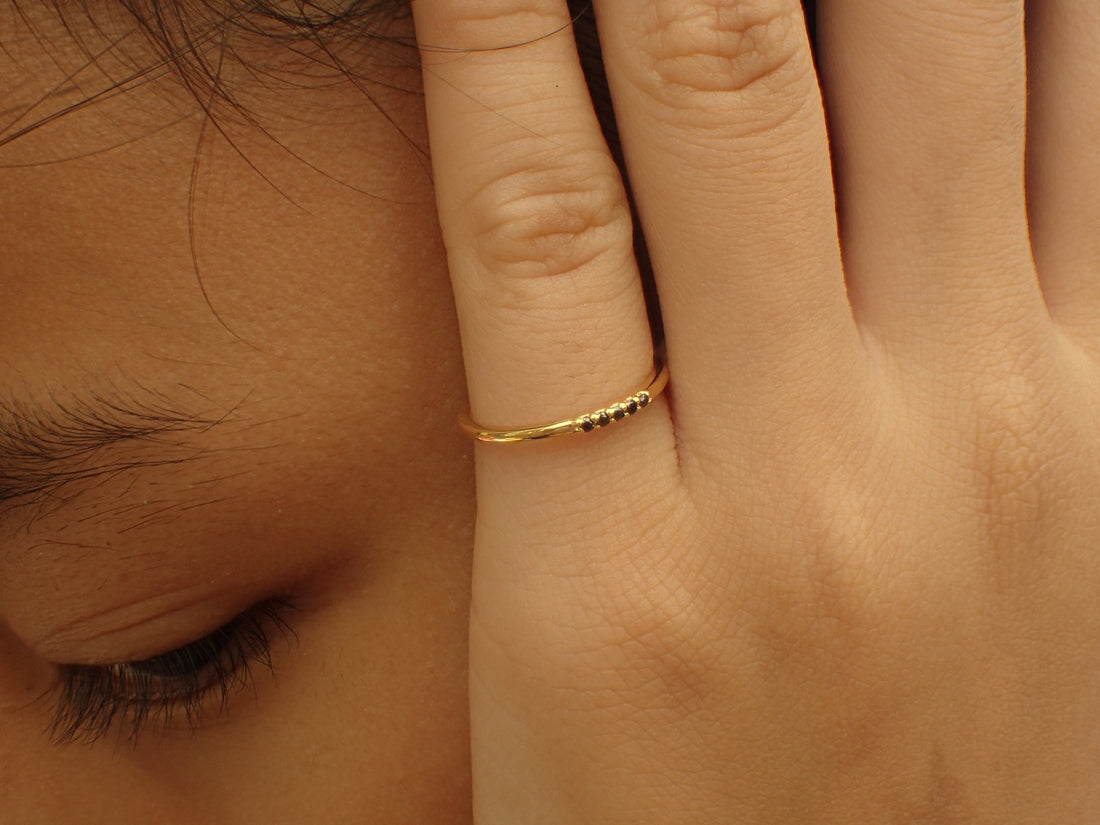 5 Stones Black Diamond Band, Dainty Stackable Ring, Five Stones Ring, Dainty Thin Band, Ready to Ship - Fast Shipping