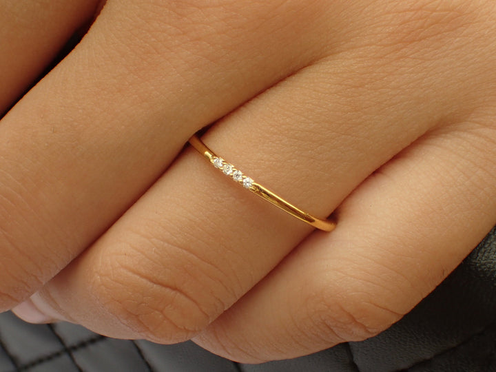 Delicate 4 Diamonds Stackable Ring, Thin Dainty Band, Four Stones Ring, Dainty Diamond Ring, Ready to Ship - Fast Shipping