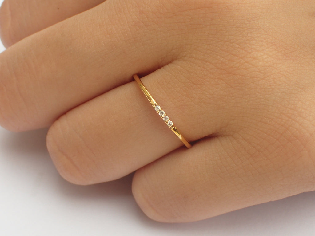 Delicate 4 Diamonds Stackable Ring, Thin Dainty Band, Four Stones Ring, Dainty Diamond Ring, Ready to Ship - Fast Shipping