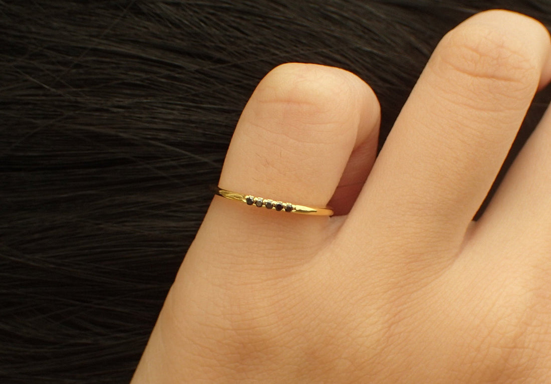 5 Stones Black Diamond Band, Dainty Stackable Ring, Five Stones Ring, Dainty Thin Band, Ready to Ship - Fast Shipping