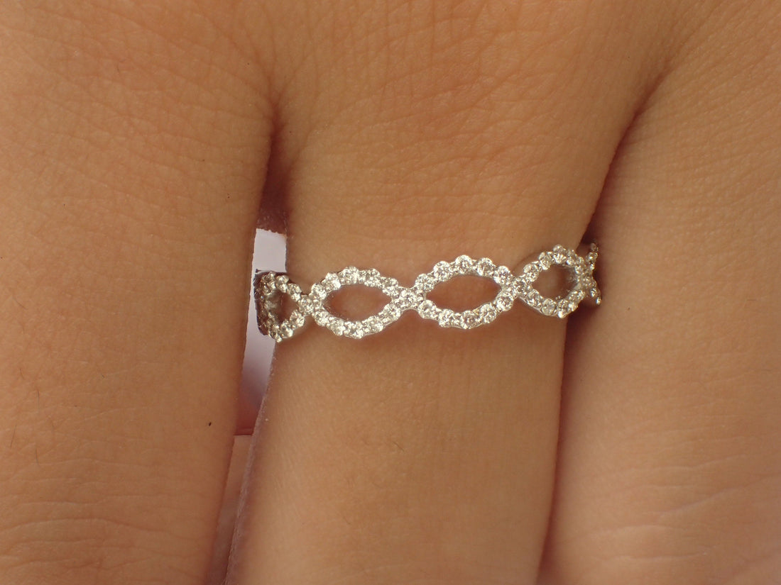 Diamond Infinity Ring, Infinity Wedding Band, Micro Pave Infinity Twist Ring, Solid Gold Full Eternity Band