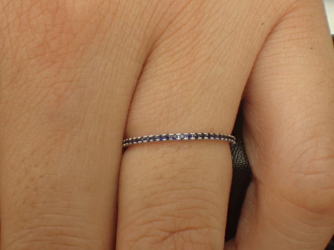 Micro Pave Eternity Blue Sapphire Band, Thin Dainty Band, Full Eternity Ring, 14K White Gold, Ready to Ship - Fast Shipping