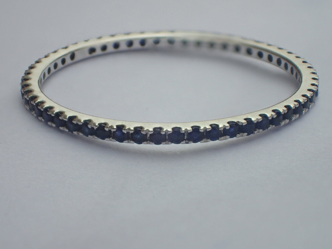 Micro Pave Eternity Blue Sapphire Band, Thin Dainty Band, Full Eternity Ring, 14K White Gold, Ready to Ship - Fast Shipping