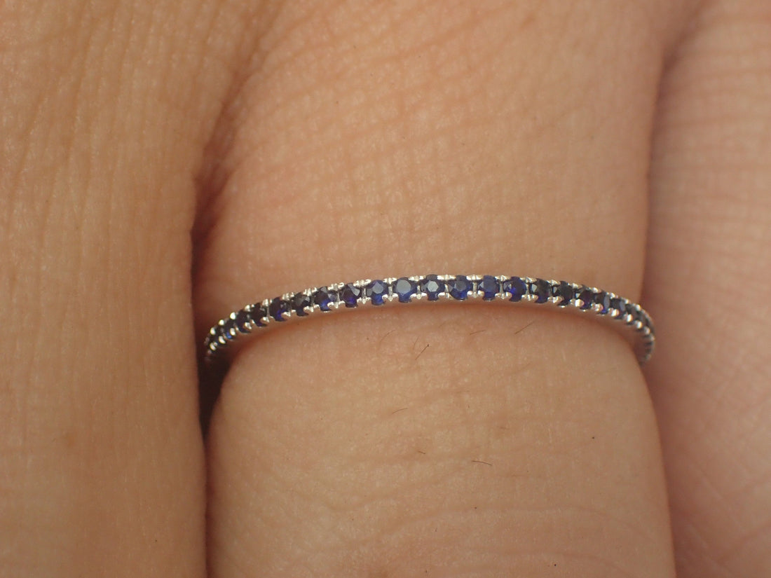 Micro Pave Eternity Blue Sapphire Band, Thin Dainty Band, Full Eternity Ring, 14K White Gold, Ready to Ship - Fast Shipping