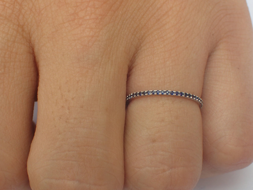 Micro Pave Eternity Blue Sapphire Band, Thin Dainty Band, Full Eternity Ring, 14K White Gold, Ready to Ship - Fast Shipping