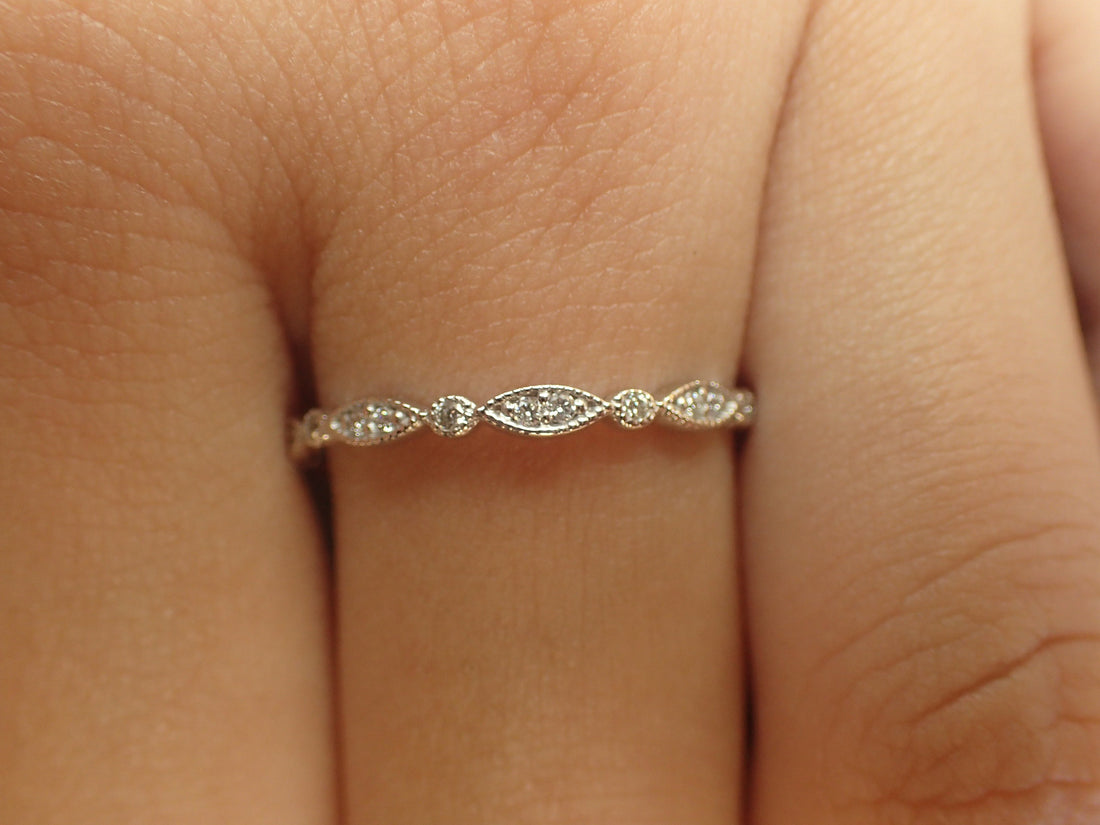 Art Deco Marquise Matching Band, 14k White Gold Full Eternity Ring, Stackable Diamond Wedding Band, Ready to Ship