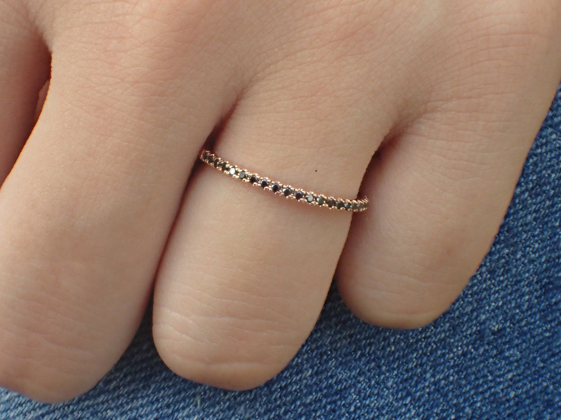 Micro Pave Eternity Black Diamond Band, 14k Rose Gold Half Eternity Band, Delicate Dainty Band, Ready to Ship - Fast Shipping