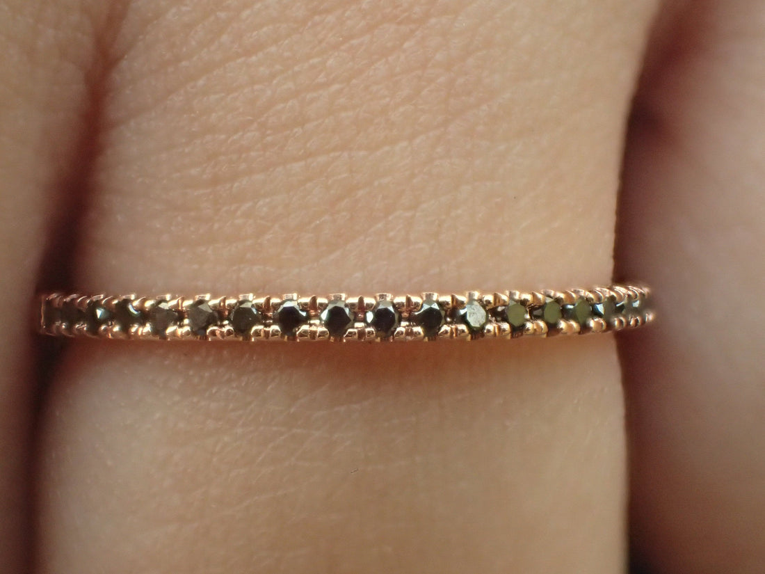 Micro Pave Eternity Black Diamond Band, 14k Rose Gold Half Eternity Band, Delicate Dainty Band, Ready to Ship - Fast Shipping