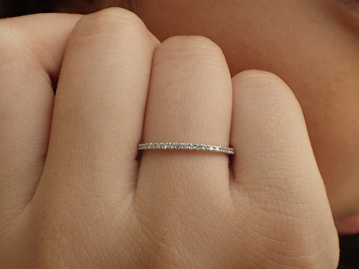 Micro Pave Eternity Diamond Ring, Half Eternity Stacking Ring, 14k White Gold Thin Dainty Band, Ready to Ship - Fast Shipping