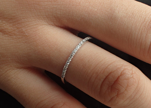 Micro Pave Eternity Diamond Ring, Half Eternity Stacking Ring, 14k White Gold Thin Dainty Band, Ready to Ship - Fast Shipping