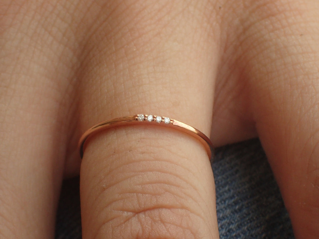 Four Diamonds Ring, Thin Dainty Band, 14k Rose Gold 4 Stones Ring, Dainty Stackable Diamond Ring, Ready to Ship - Fast Shipping