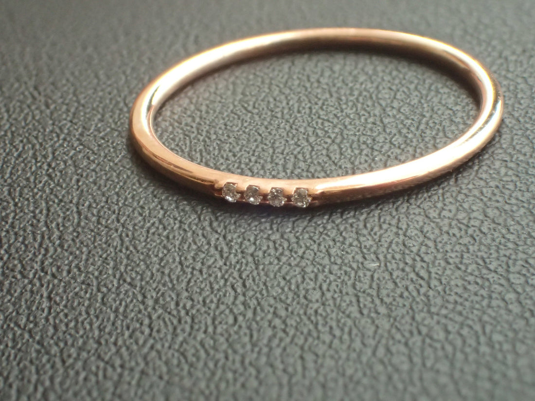 Four Diamonds Ring, Thin Dainty Band, 14k Rose Gold 4 Stones Ring, Dainty Stackable Diamond Ring, Ready to Ship - Fast Shipping