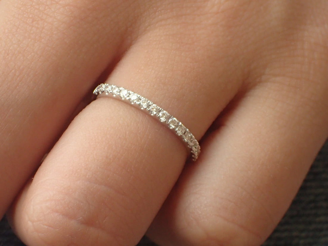 1.5mm Micro Pave Eternity Band, Diamond Wedding Band, 14k White Gold Half Eternity Ring, Delicate Pave Ring, Ready to Ship