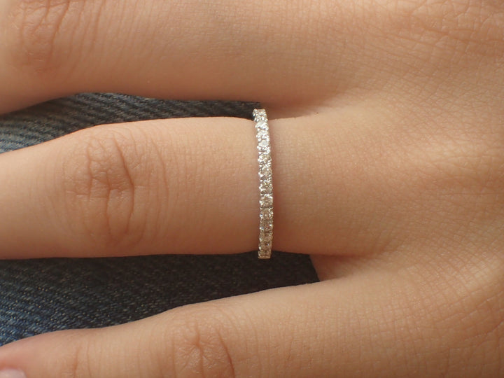 1.5mm Micro Pave Eternity Band, Diamond Wedding Band, 14k White Gold Half Eternity Ring, Delicate Pave Ring, Ready to Ship