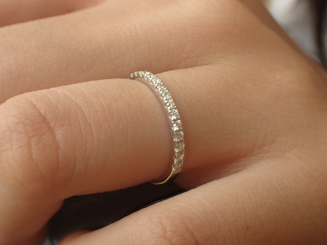 1.5mm Micro Pave Eternity Band, Diamond Wedding Band, 14k White Gold Half Eternity Ring, Delicate Pave Ring, Ready to Ship