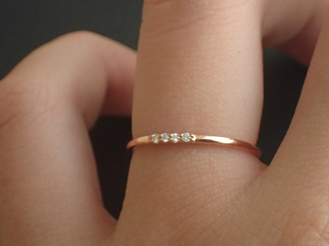 4 Diamonds Stackable Ring, Delicate Four Stones Dainty Thin Band, 14k Rose Gold Diamond Ring, Ready to Ship - Fast Shipping