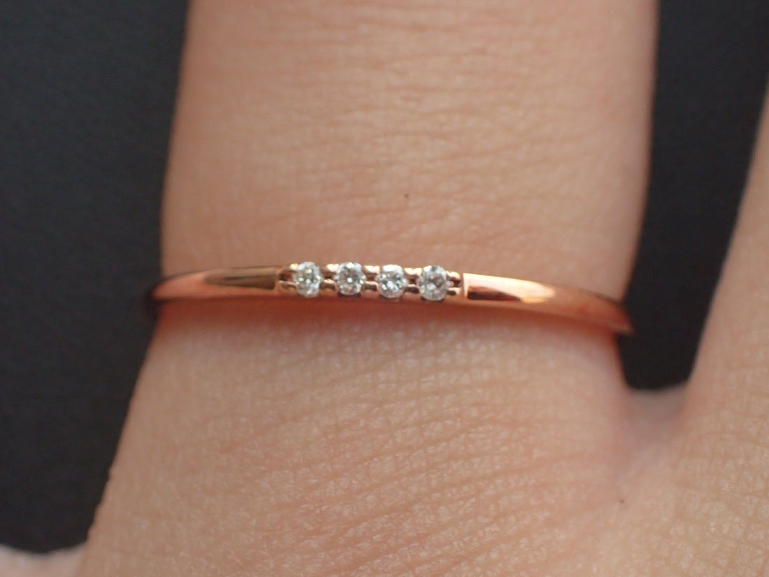 4 Diamonds Stackable Ring, Delicate Four Stones Dainty Thin Band, 14k Rose Gold Diamond Ring, Ready to Ship - Fast Shipping