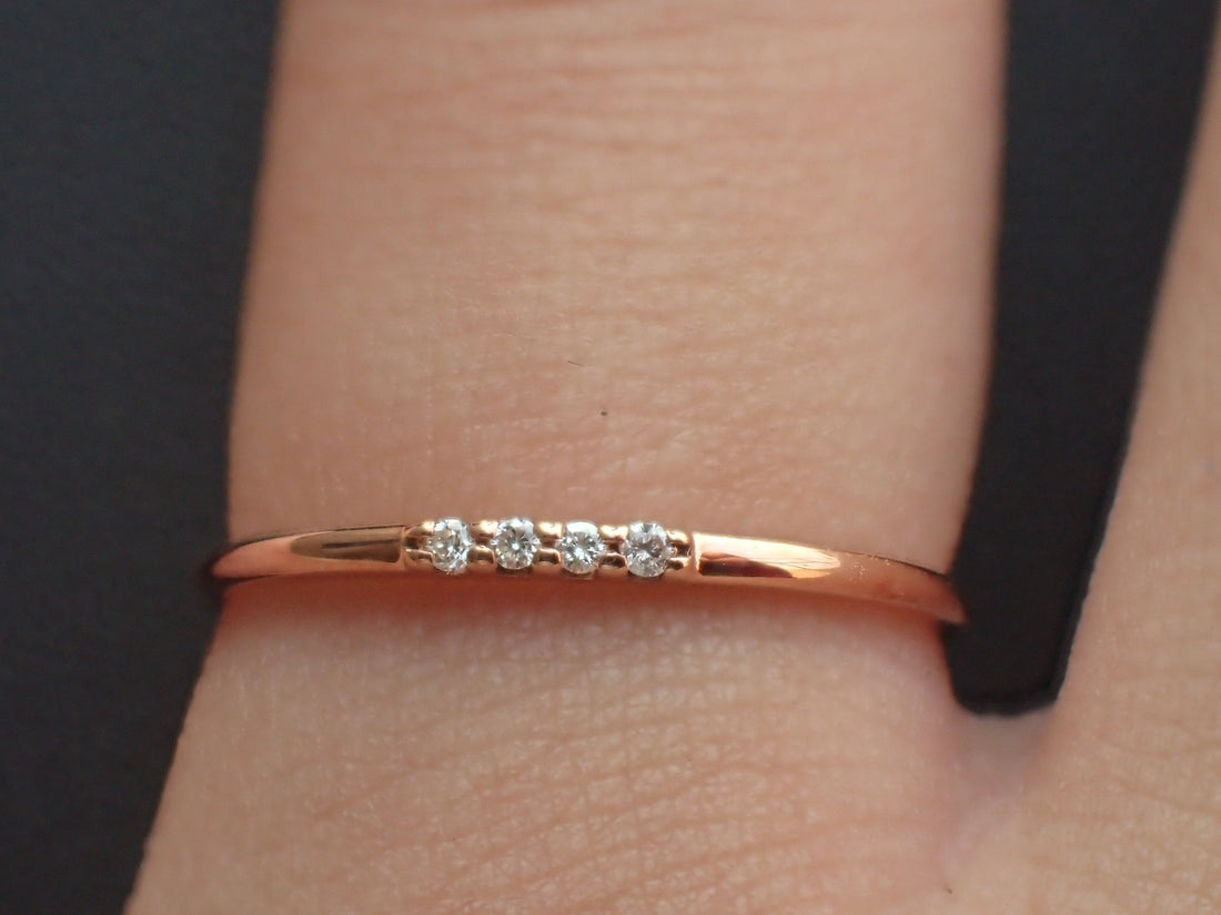 4 Diamonds Stackable Ring, Delicate Four Stones Dainty Thin Band, 14k Rose Gold Diamond Ring, Ready to Ship - Fast Shipping