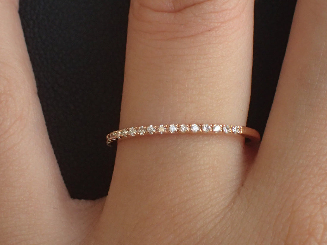 14k Rose Gold Micro Pave Band, Diamond Wedding Band, Half Eternity Ring, Stackable Thin Band, Ready to Ship - Fast Shipping