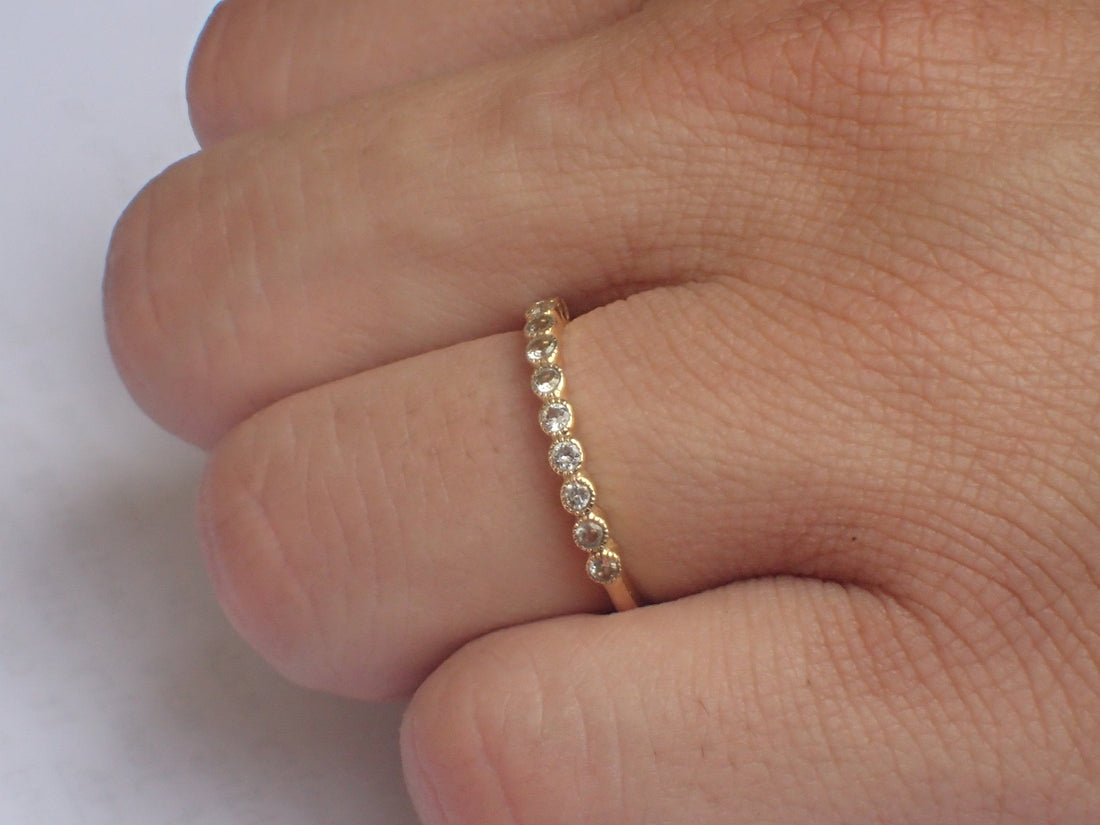 2mm White Sapphire Wedding Band, Bezel Set Ring with Milgrain, 10k Yellow Gold Half Eternity Band, Ready to Ship - Fast Shipping