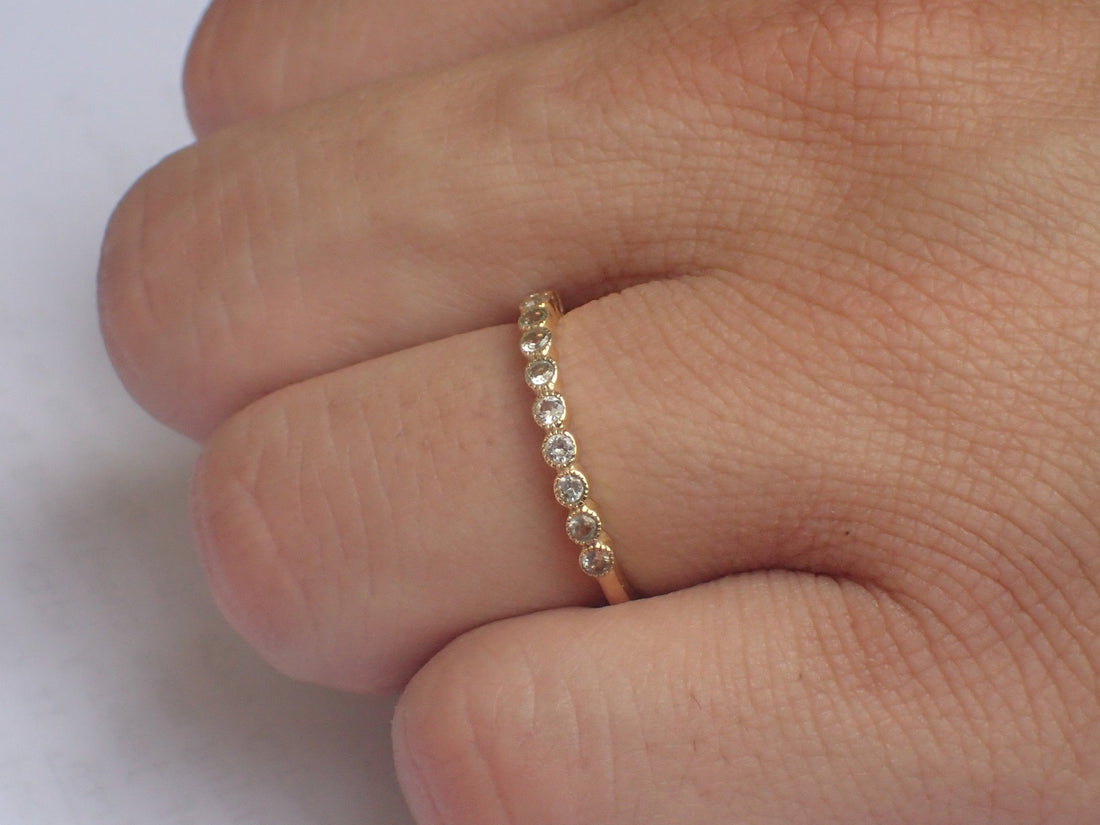 2mm White Sapphire Wedding Band, Bezel Set Ring with Milgrain, 10k Yellow Gold Half Eternity Band, Ready to Ship - Fast Shipping