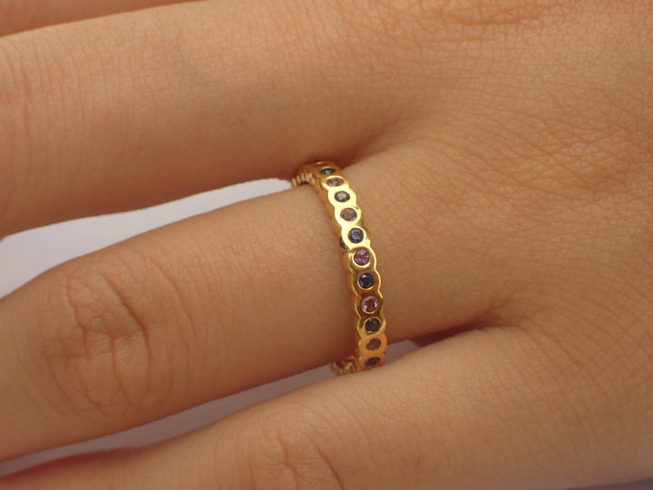 Blue and Pink Sapphire Ring, Dainty Stack Ring, Bezel Set Ring, Full Eternity Ring, 14k Solid Gold, September Ring 1.5mm