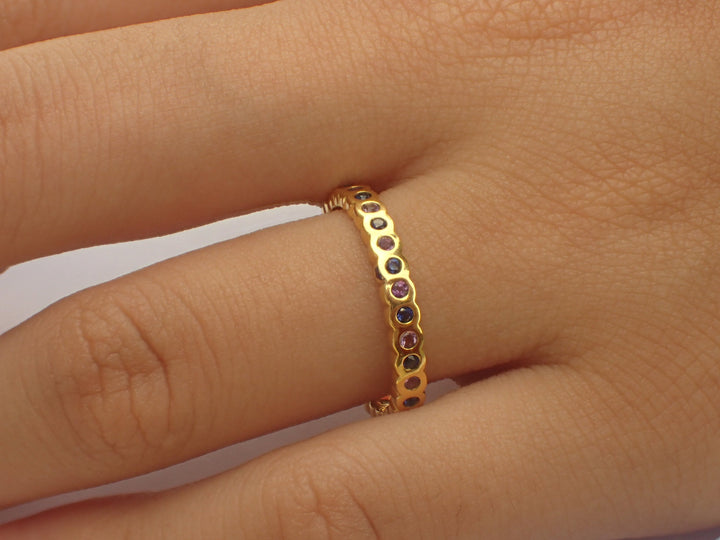 Blue and Pink Sapphire Ring, Dainty Stack Ring, Bezel Set Ring, Full Eternity Ring, 14k Solid Gold, September Ring 1.5mm