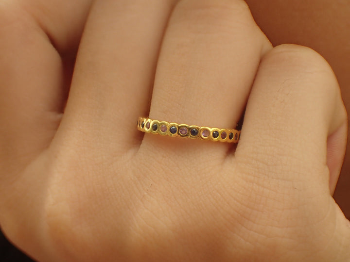 Blue and Pink Sapphire Wedding Band, Full Eternity Ring, 14k Yellow Gold Bezel Set Band, 1.5mm Sapphires Ring, Ready to Ship