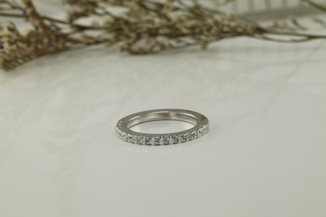 Angled Prong Setting Wedding Band, Half Eternity Band, 14k Solid Gold Diamond Band, Stackable Dainty Band