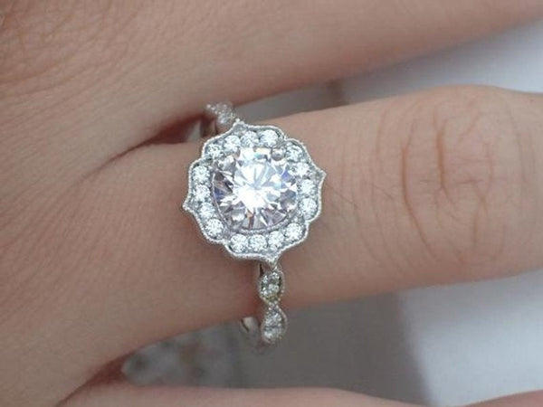 6.5mm Forever One Moissanite Engagement Ring, Magnolia Promise Ring, 14k Solid Gold VS E-F Diamond Halo Anniversary Ring