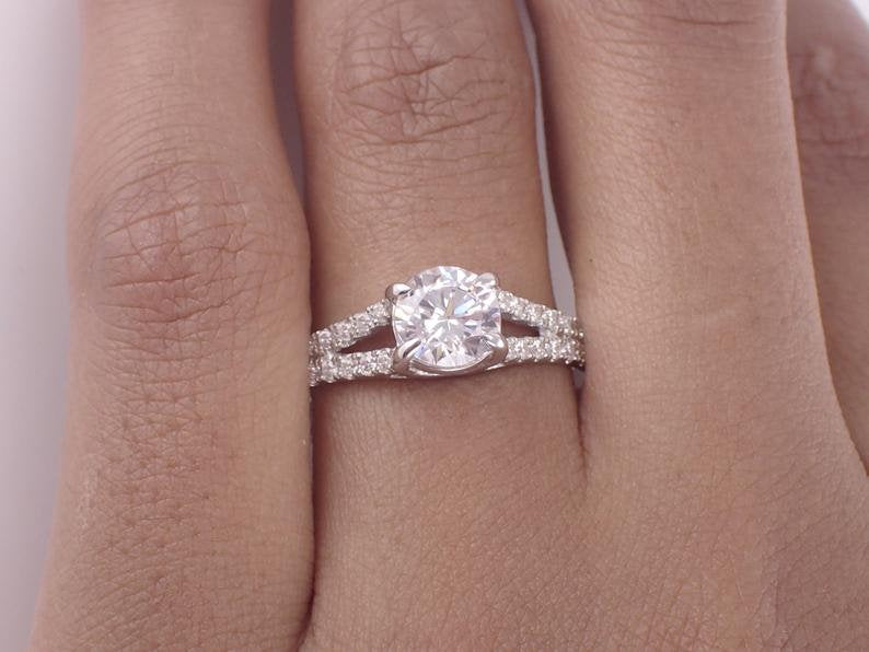 6mm Forever One Moissanite Engagement Ring, 14k Solid Gold Pave VS E-F Diamond Claw Setting Wedding Band 0.75ct