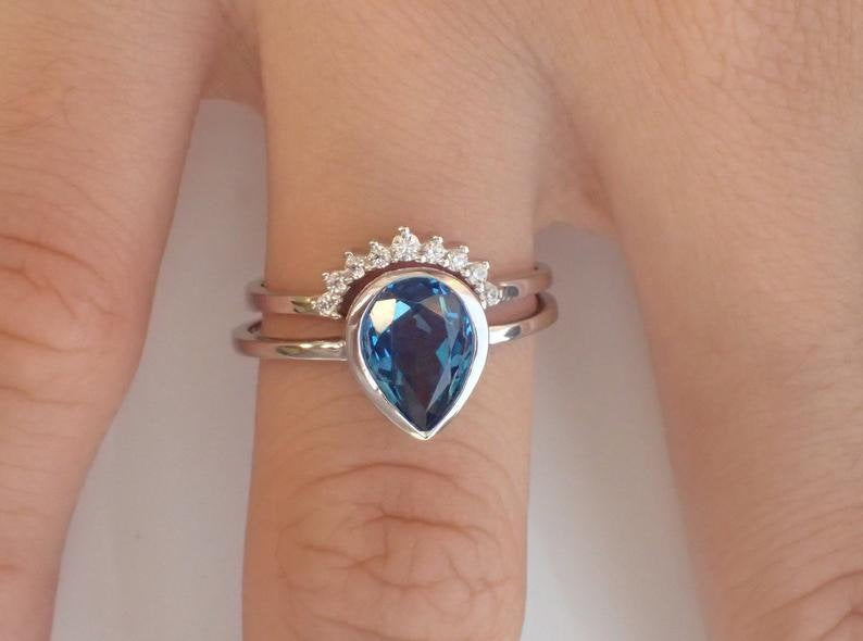 7x5mm Pear Cut London Blue Topaz Wedding Ring Set, 14k Solid Gold Curved Diamond Band, Blue Topaz Matching Anniversary Ring